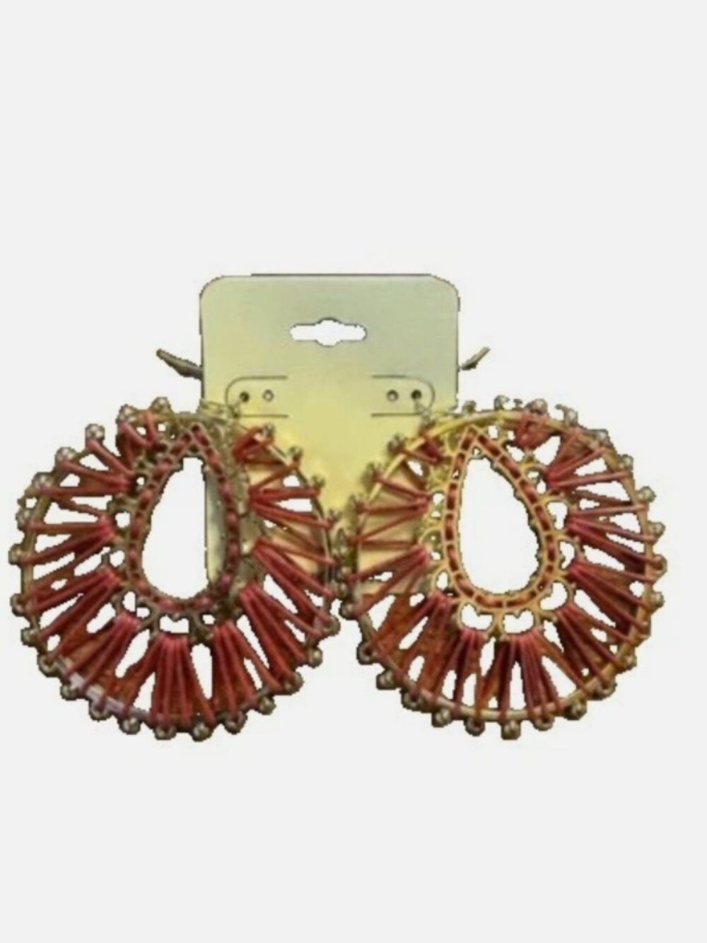 Dangle Pierced Earrings Gold Red Large 2.5" in Diameter Round Statement Boho
